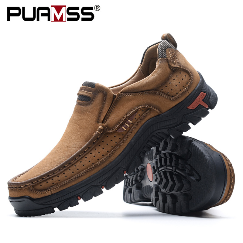 

2019 New Men Shoes Genuine Leather Men Flats Loafers High Quality Outdoor Men Sneakers Male Casual Shoes Plus Size 48, Brown