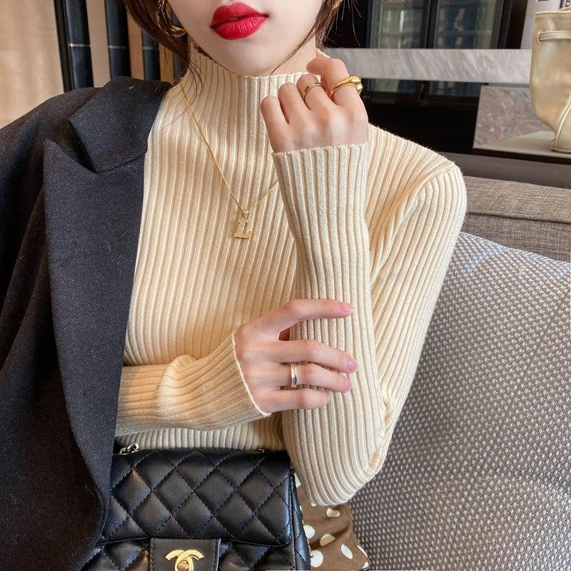 

Women's Sweaters Women Autumn Half Turtleneck Knitted Sweater Long Sleeve Solid Color Bottoming Shirt Female Thin Knit Slim Mid-neck TopWome, Black