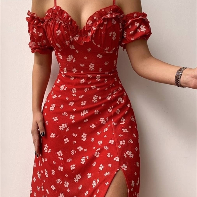 

wsevypo Womens Off Shoulder Frilly Suspender Party Summer Ladies Short Sleeve Vneck Split Midlength Dress Floarl ALine 220608, Wine red