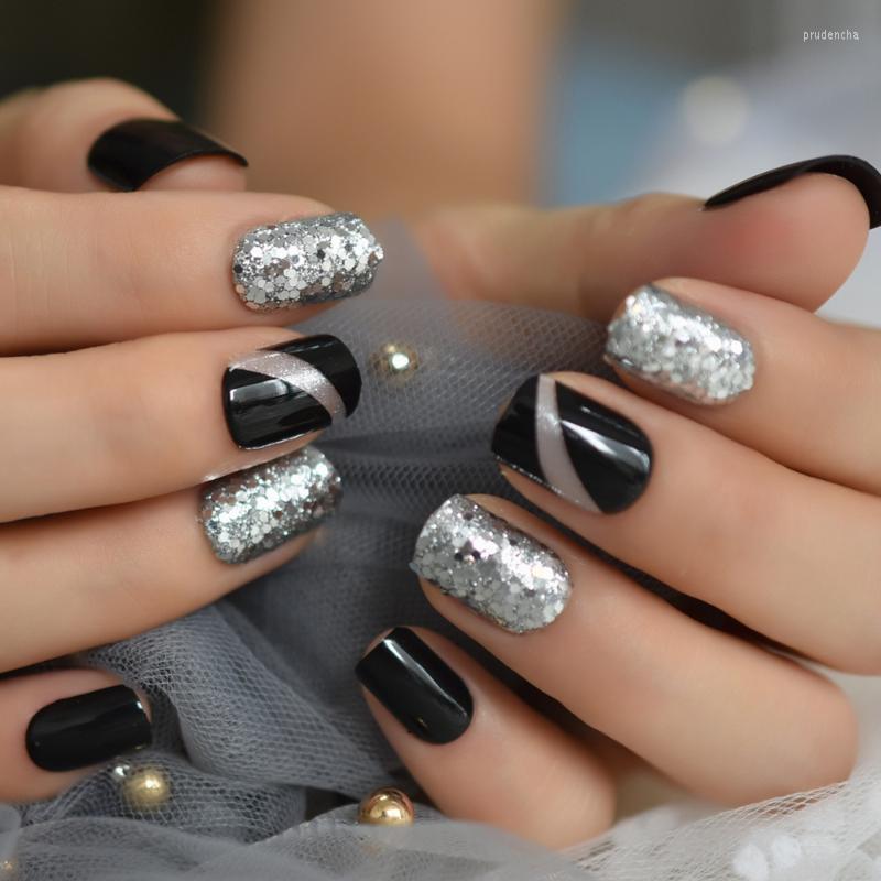 

False Nails Arrival Fashion Glitter Fake Nail Black Sparkling Short Decoration Square Smooth Gray Faux Ongles Prud22, L5088