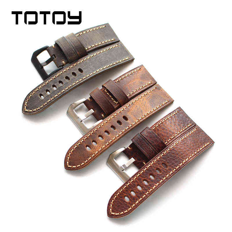 

TOTOY Vintage Cowhide bands Adaptable Military Mountaineering PAM Leather Strap 20 22 24 26MM Men's Strap H220419