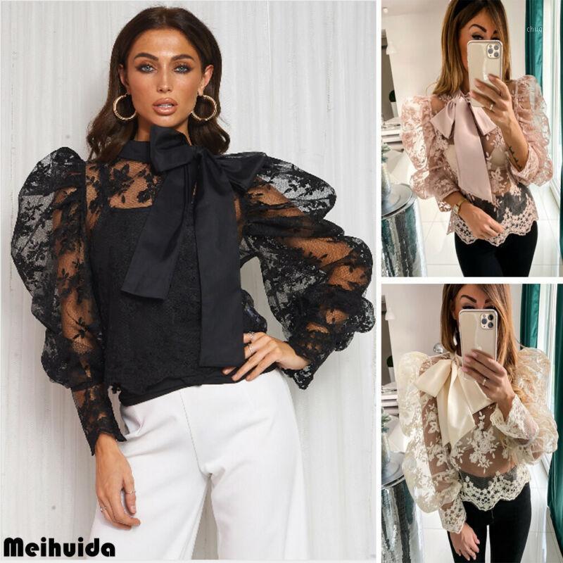 

Women' Blouses & Shirts Fashion Lace Shirt Women Splicing Mesh Sheer Long Puff Sleeve Blouse Down Tops, Beige