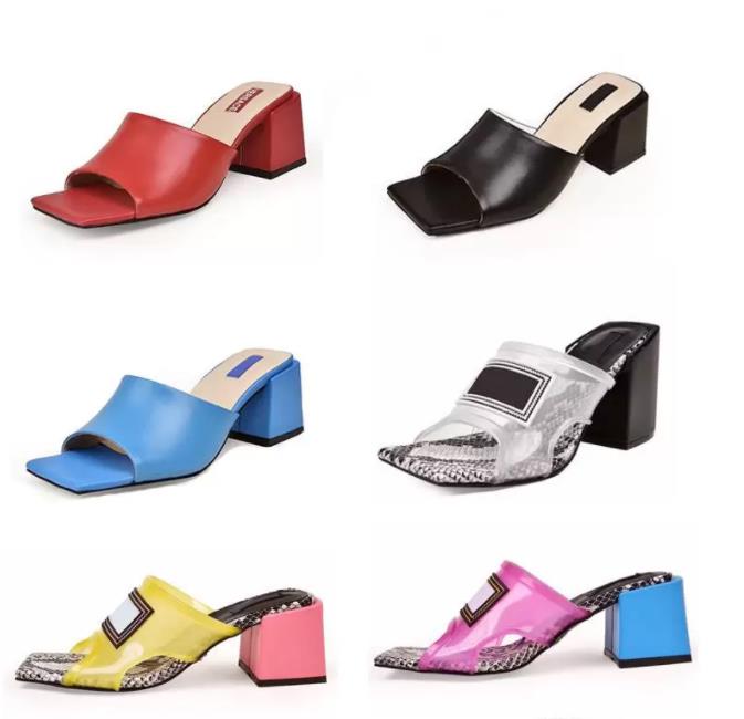 

New Fashion Designer Slipper Women PVC Transparent Block Heel Sandals Genuine Leather Fancy Shoes High Heel Mules Slides Luxury Slippers OC92