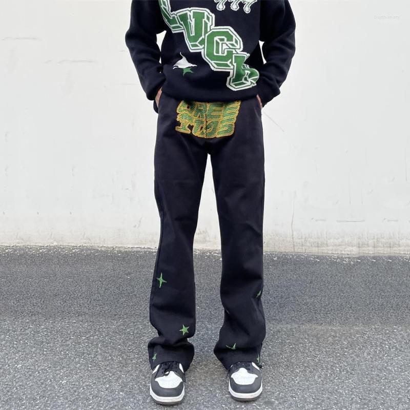 

Men' Jeans Men' Letter Embroidered Pentagram Print Wide Leg Pants Clothing Hip Hop Y2k Men Streetwear Brand High QualityMen' Bert22, Black