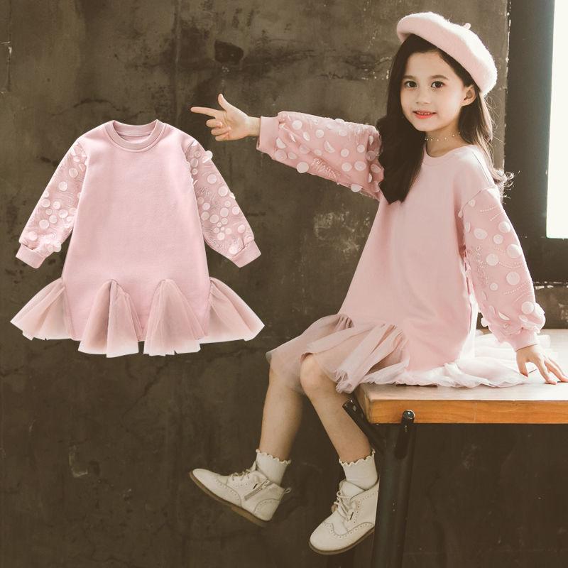 

Girl's Dresses Sweatshirts Dress Teen Girls Spring Autumn Casual Long Korean Pink Sweatshirt Kids Lace Edge Cutet Clothes 2 4 6 8 12Years