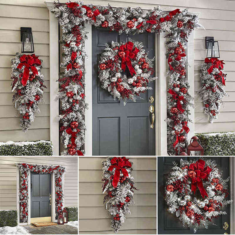 

Red And White Holiday Trim Front Door Wreath Christmas Home Restaurant Decoration Navidad J220616