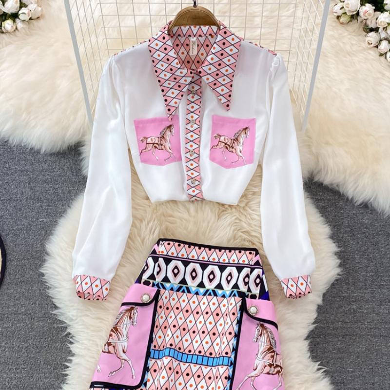 

Casual Dresses Fashion Runway Summer Skirt Suit Women's Horse Geometry Print Blouse And A Line Pocket Buttons 2 Two Piece SetCasual, Short sleeve