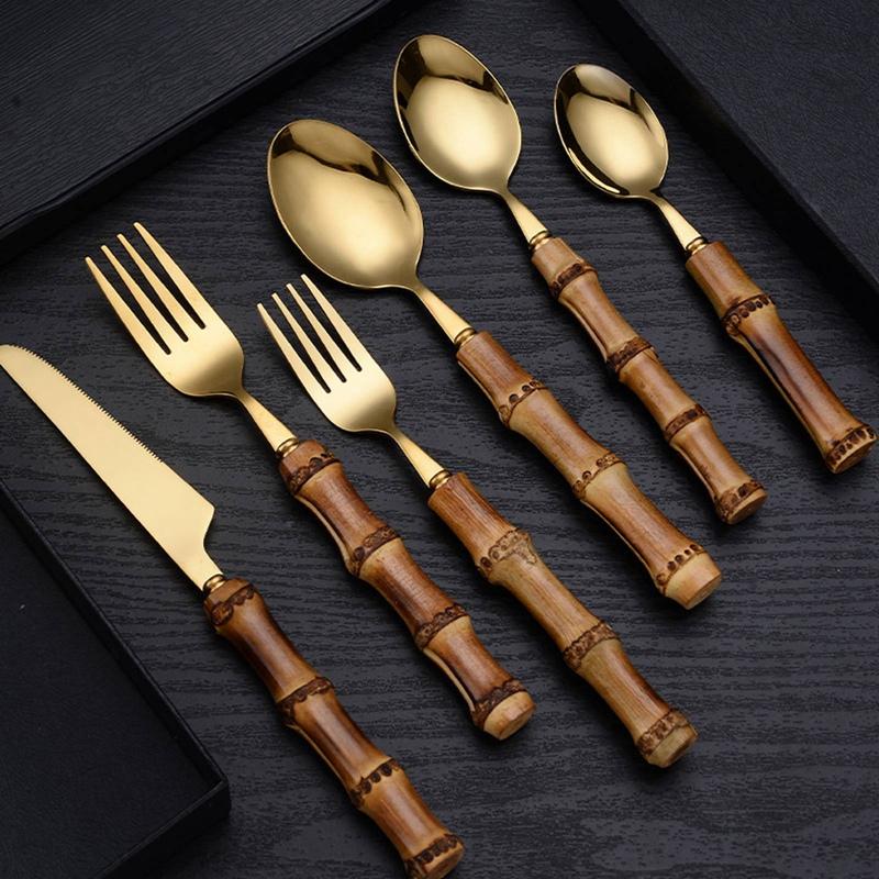 

Dinnerware Sets Natural Bamboo Handle Dinnerware,Gold Stainless Steel Cutlery,Kitchen Silverware Flatware,Includes Forks Spoons Tableware, Tea spoon