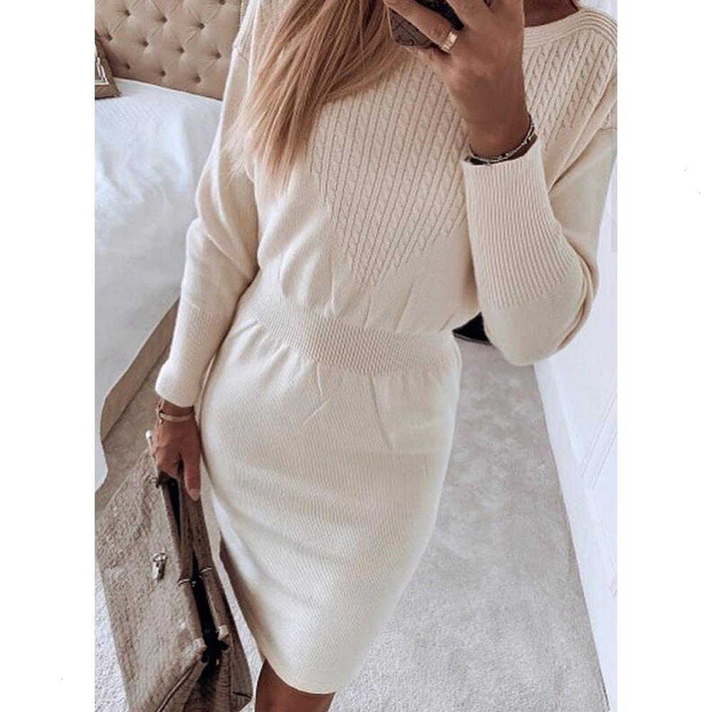 

Autumn Winter Sweater Dress Women Fashion Knitted Dresstwist Pattern Bodycon Bottoming Knit Solid Color, White
