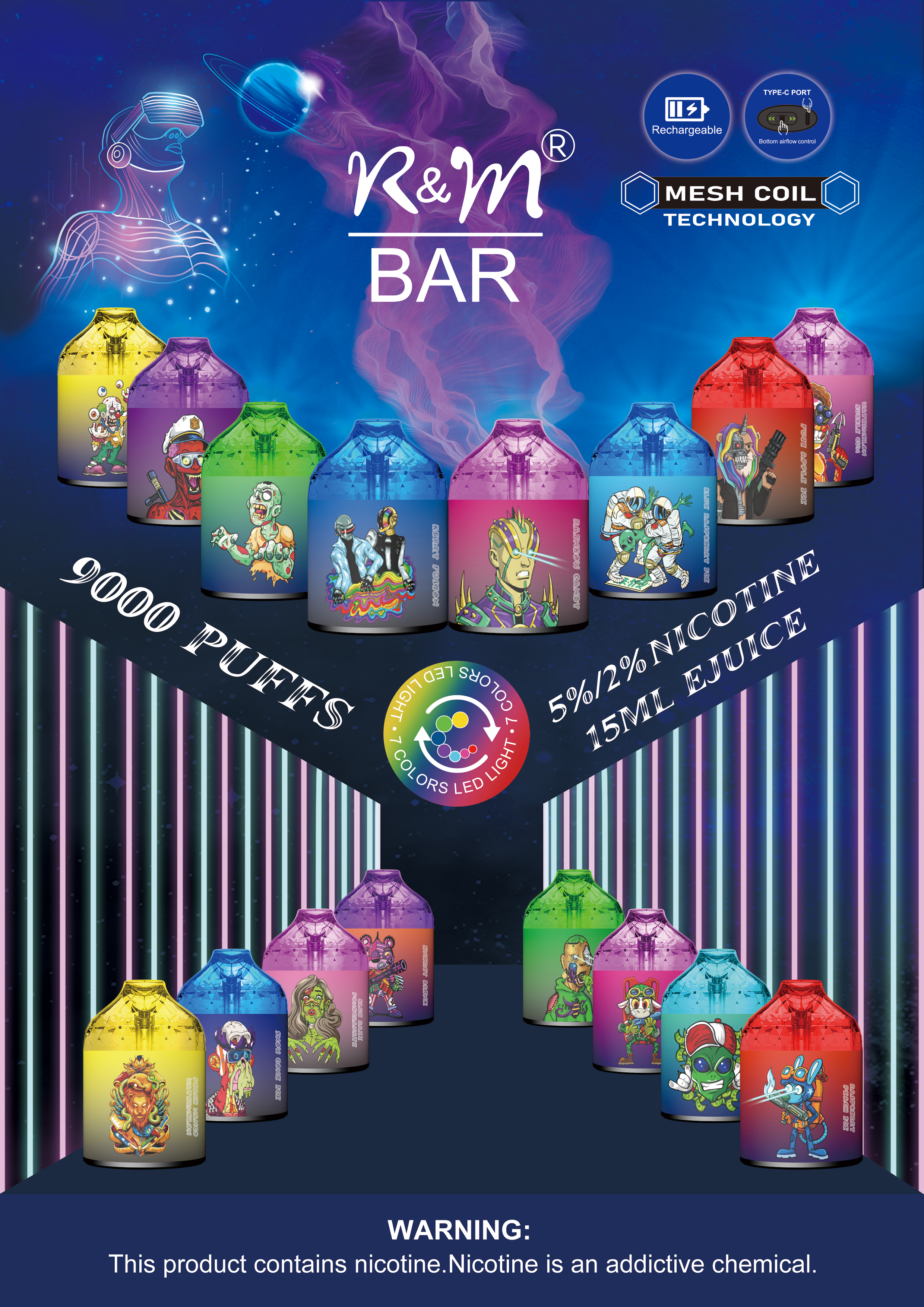 

Original R&M Bar 9000Puffs Disposable E cigarette Vape Pen 15ml Prefilled 7Colors LED Light 2% 5% Cartridge Pod Device Mesh coil Rechargeable Airflow Control vapes