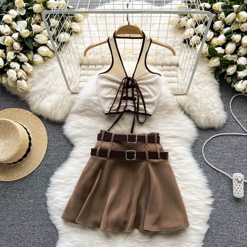 

Work Dresses Sexy Hanging Neck Pleated Strap Vest Women' Summer 2022 Fashionable Suit High Waist Short SkirtWork, Coffee