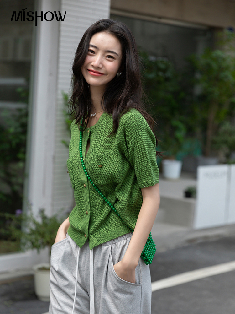 MISHOW solide pull à simple boutonnage été français Oneck manches courtes évider Cardigan femmes lâche tricoté t-shirt MXB22Z0380 220815