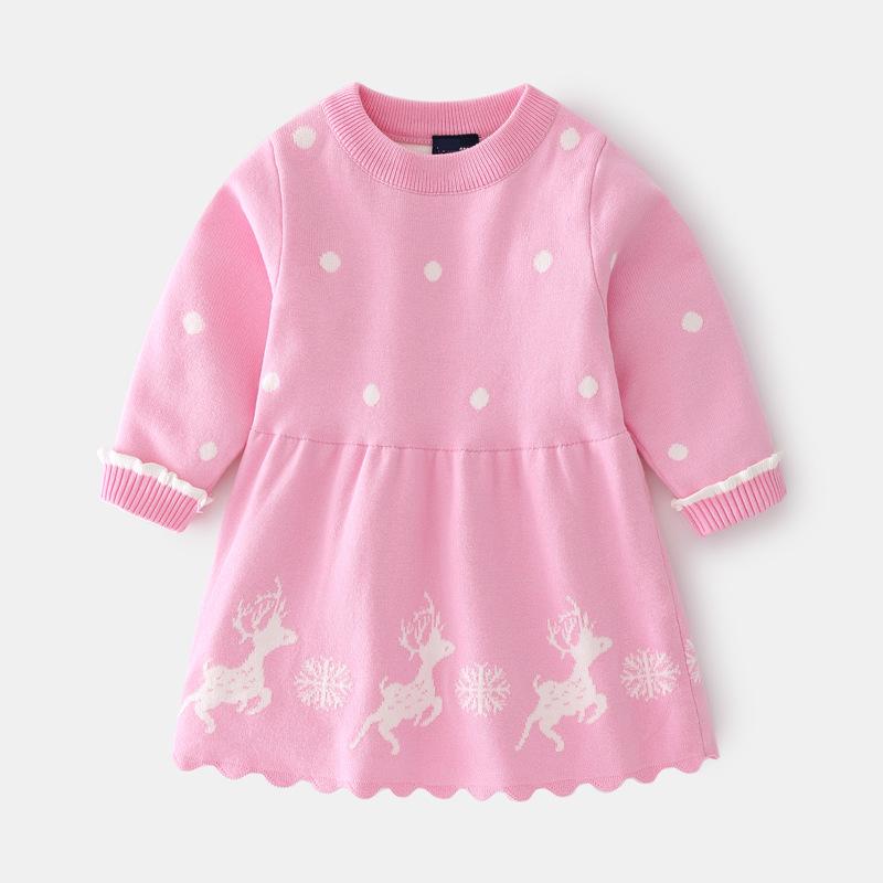 

Girl's Dresses Autumn Girl Fawn Double-layer Jacquard Knitted Dress European And American Style Baby Wool Skirt, Pink