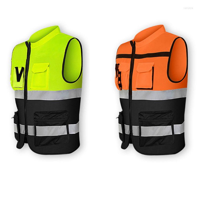 Abbigliamento da motociclista Gilet di sicurezza anteriore con cerniera ad alta visibilità multitasche con strisce riflettenti Bicicletta e guida