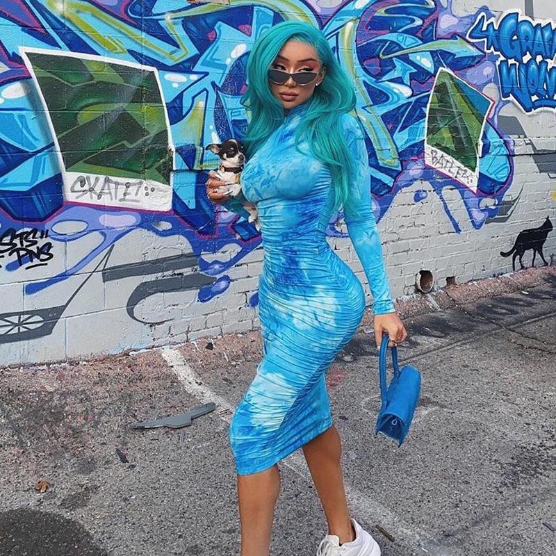 

Casual Dresses Spring High Quality Print Turtleneck Bodycon Midi Dress Woman 2022 Street Pleated Slim Zipper Sexy Mujer, Sky blue