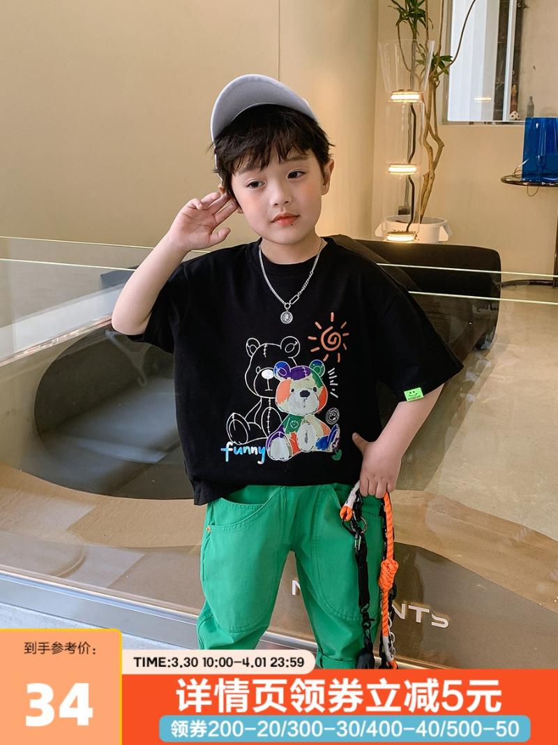 

T-shirts Clothing Boy's Short-Sleeved T-shirt Pure Cotton 2022 Summer Medium And Big Children Child Bear Printed Shirt FashionT-shirts, Black