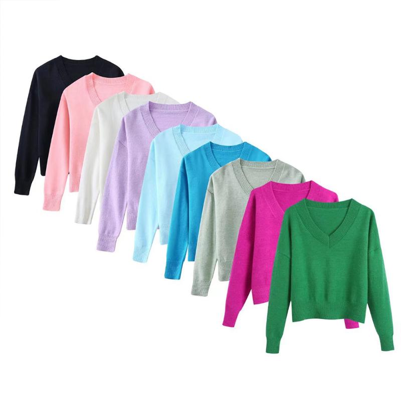 

Women' Sweaters Women' Fashion V-Neck Multicolor Soft Knit Sweater Chic Long Sleeve Short Casual Female Elegant Pullover MujerWomen, As shown