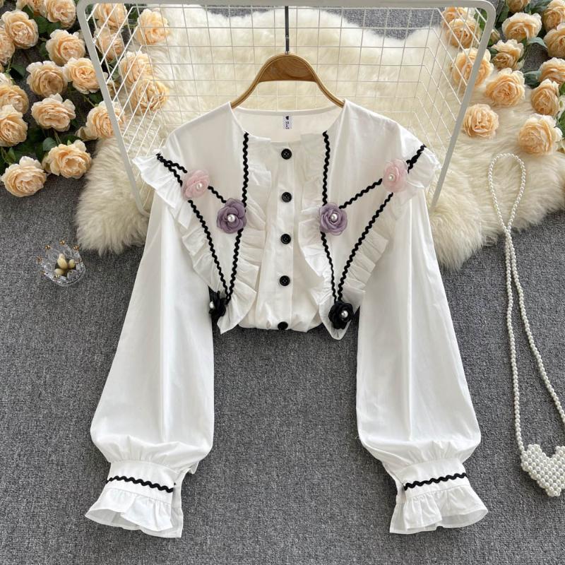 

Women' Blouses & Shirts Spring 2022 Retro French Doll Collar Ruffle Three-dimensional Flower White Sweet And ChicWomen