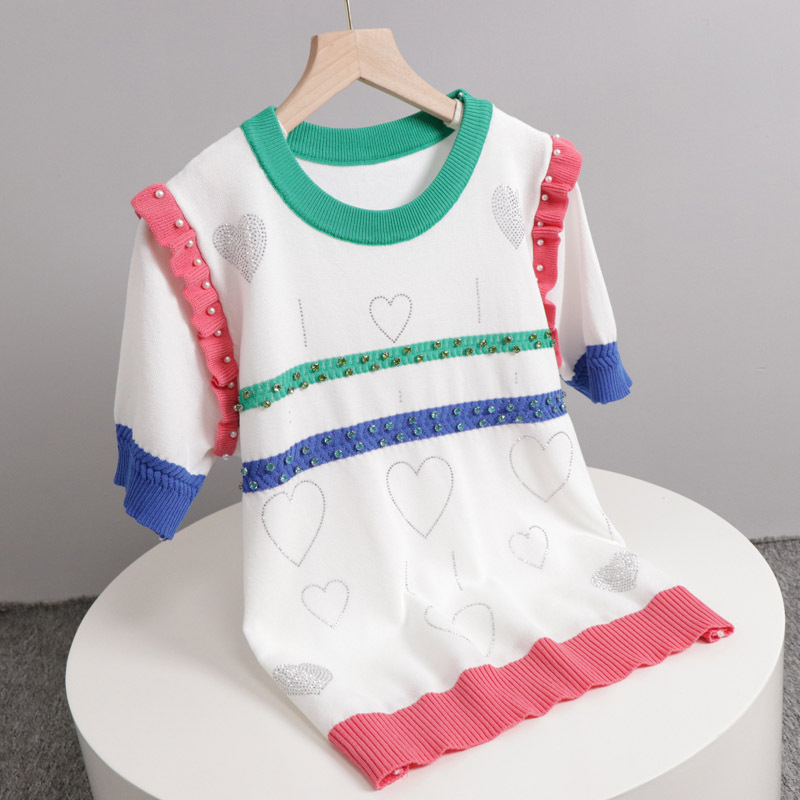 

Ruffles Patchwork Diamonds Short Sleeve Sweater Women O-Neck Thin Knitted Tops Fashion 2022 Summer Pullover, White