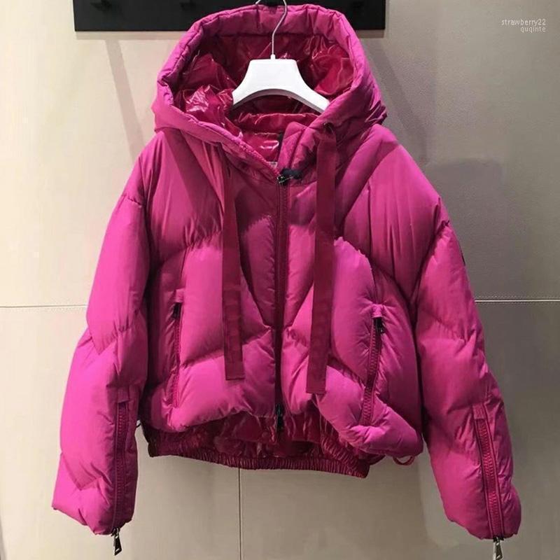 

Women' Down & Parkas Rose Red Thick Warm Jackets Women Loose Short Hooded Bubble Coat 90% Duck Filling Zipper Female Streetwear Stra22, Black
