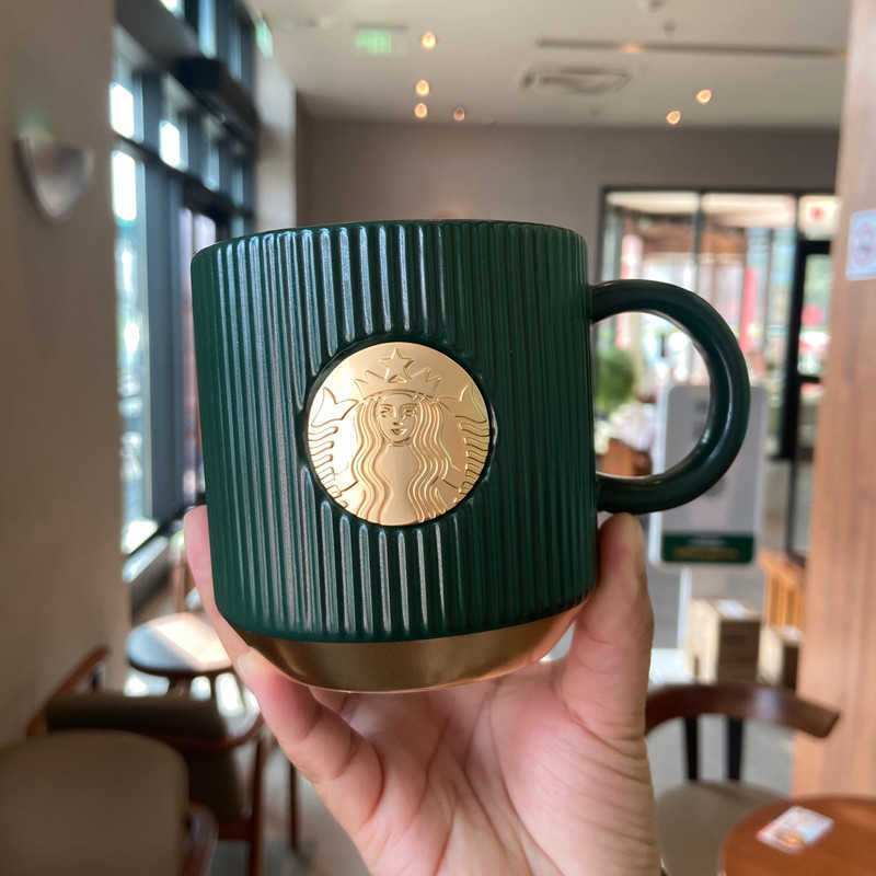 Starbucks cup dark green stripe goddess copper retro nameplate ceramic mug classic copper seal water cup gift box-image-759402660