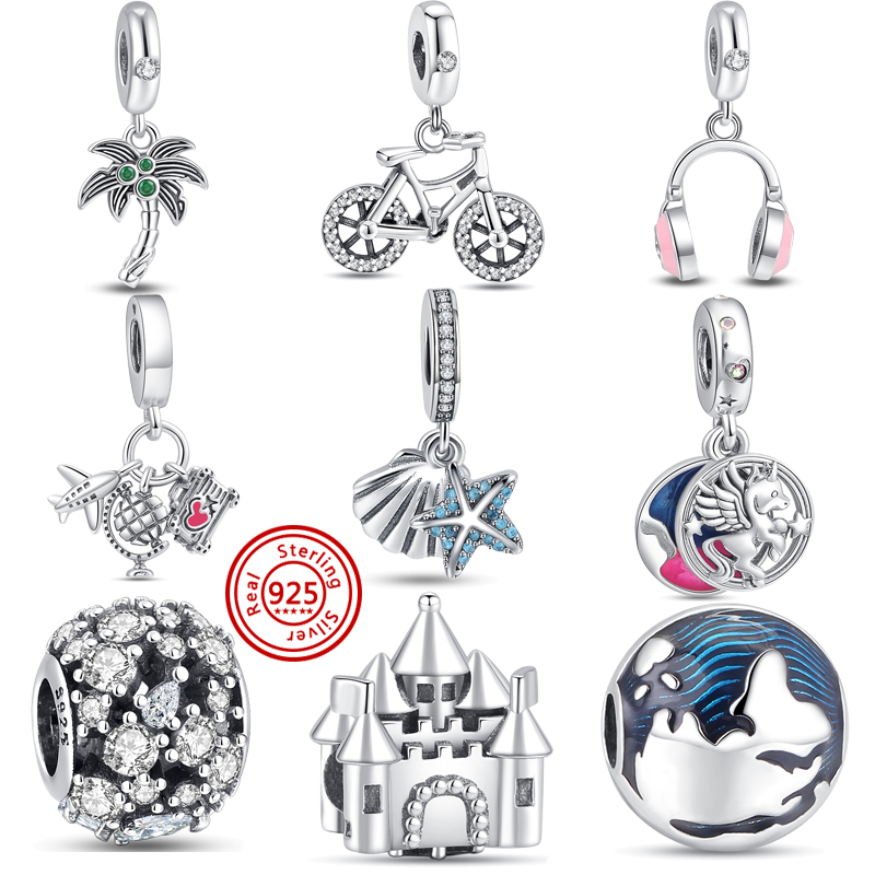 

925 Silver Charm Beads Dangle Summer Fish Coconut tree Travel Bead Fit Pandora Charms Bracelet DIY Jewelry Accessories