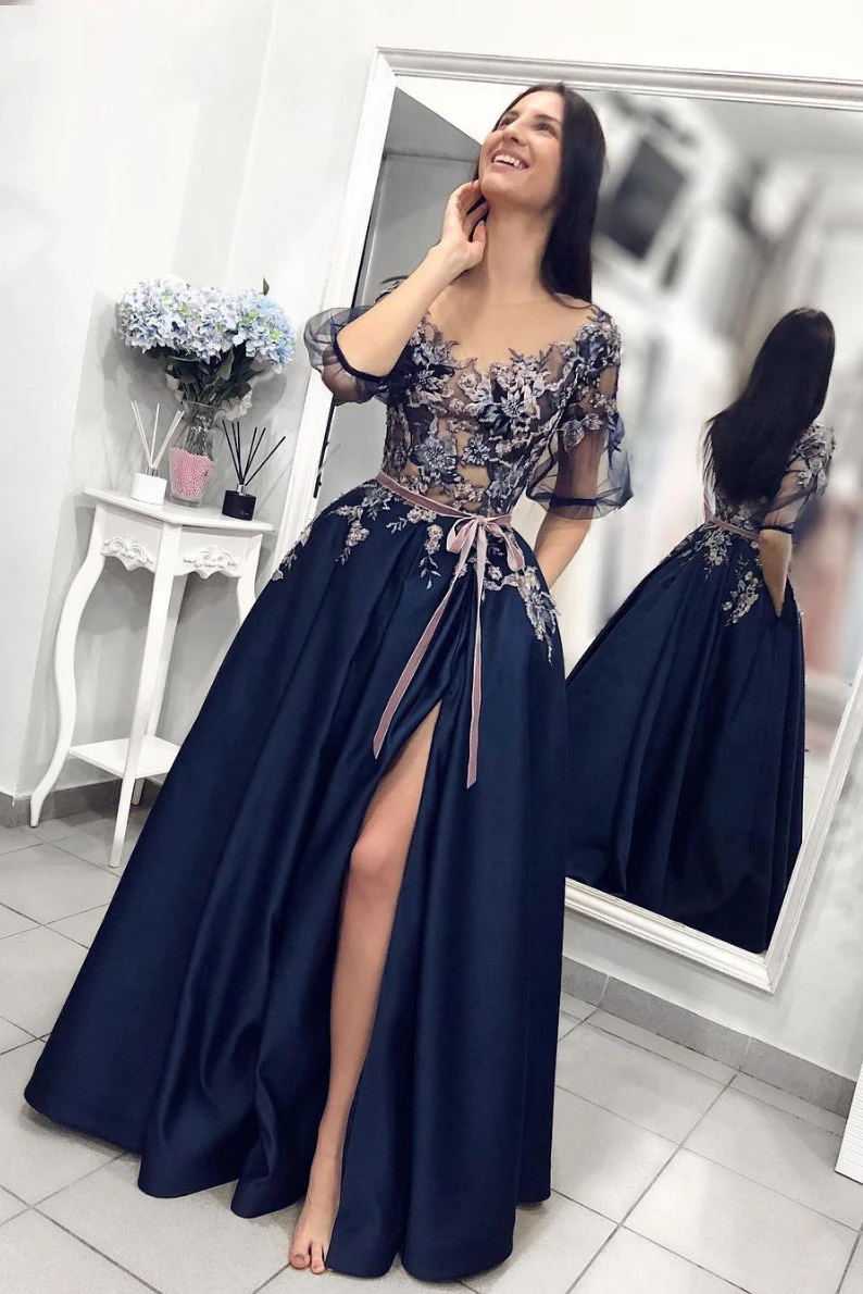 

Party Dresses Navy Blue Formal Evening Gown 2022 A-Line Sexy Split Lace Embroidery Satin Long With Pockets Half Sleeves Prom DressParty, Ivory
