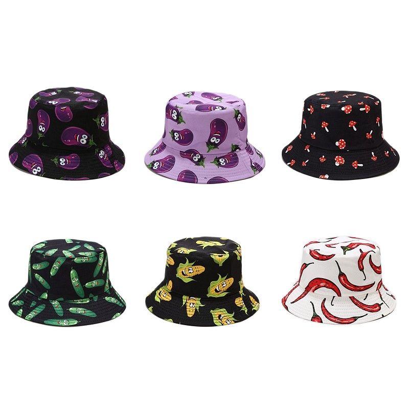 

Berets Cotton Vegetables Print Bucket Hat Fisherman Outdoor Travel Sun Cap Hats For Men And Women 304Berets, Chili