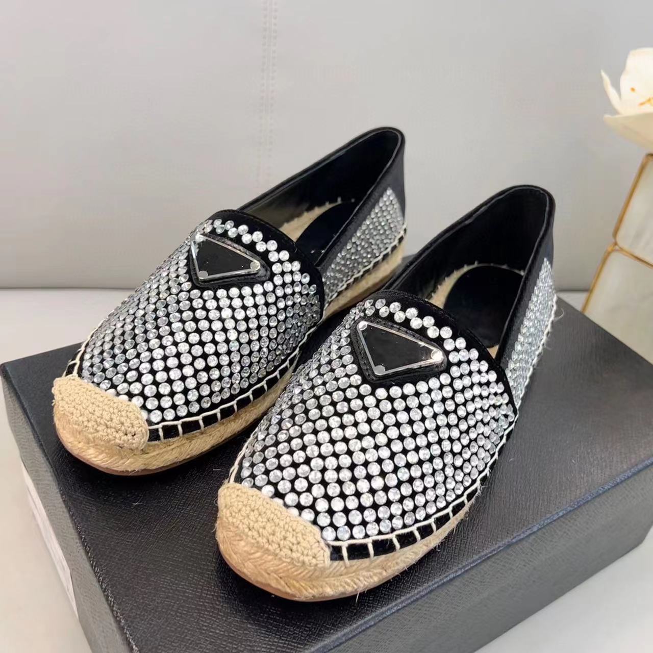 

classic women Dress shoes High quality Loafers Designer shoe diamond autumn printing Hand Made straw platform shoe Lady 100% cowhide fisherman Slides Large size 35-42