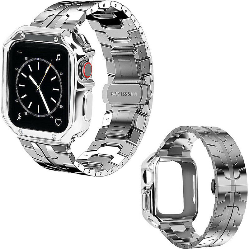 

Premium Stainless Steel Band Strap + Tough Armor Case For Apple Watch Series 7 6 5 4 SE iWatch 40mm 41mm 44mm 45mm, Silver
