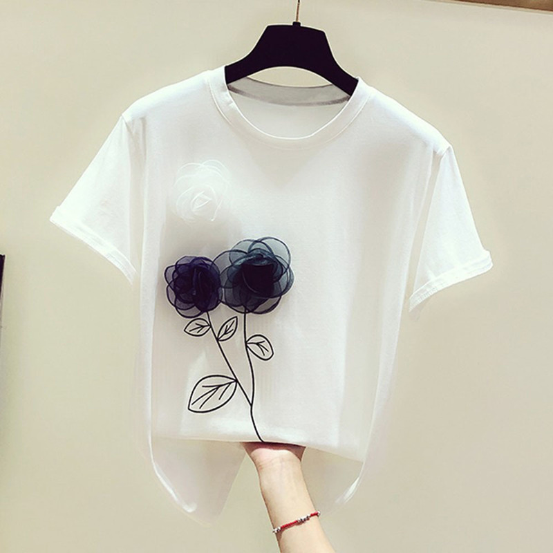 

Women's 100% Cotton T Shirt Tops Tee Summer 3D Flowers Loose Short Sleeve Tees Women's White T-shirt Basic Tops 0613