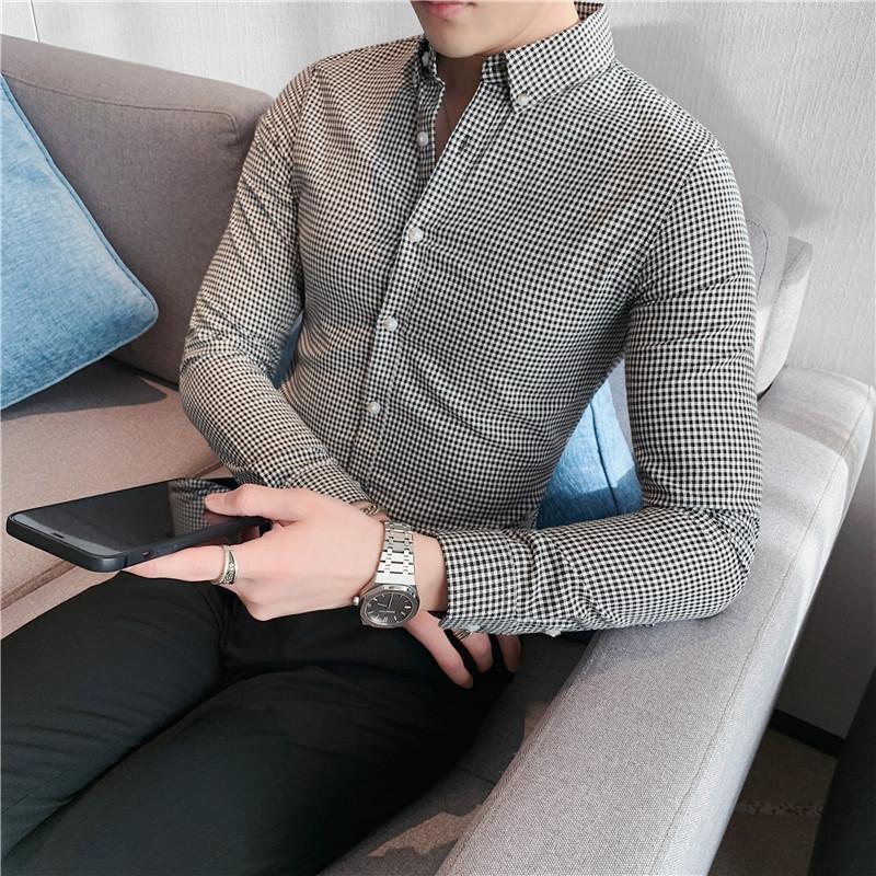 

Men's Dress Shirts Masculine Spring Shirt Men Thousands Of Bird Grid Street Slim Men's Casual Long Sleeve ShirtMen's, Black