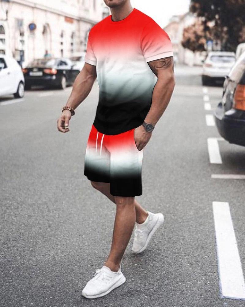 

Men's Tracksuits Summer Men's Suit Gradient Color Print Clothing 2 Piece Outfit Of Sportswear Short Sleeve Streetwear Fashion T-shirt Se, Men t shirt set 1