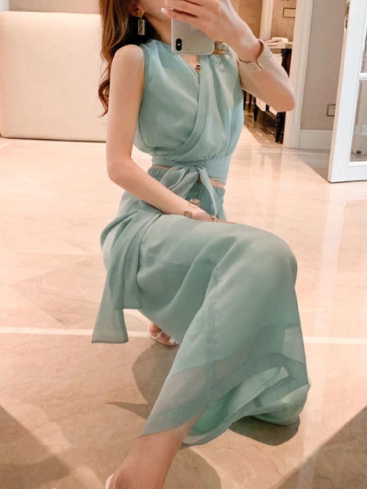 

Women' Two Piece Pants Women Summer 2-piece Set Chiffon Crop Top Wide Leg SuitWomen, White