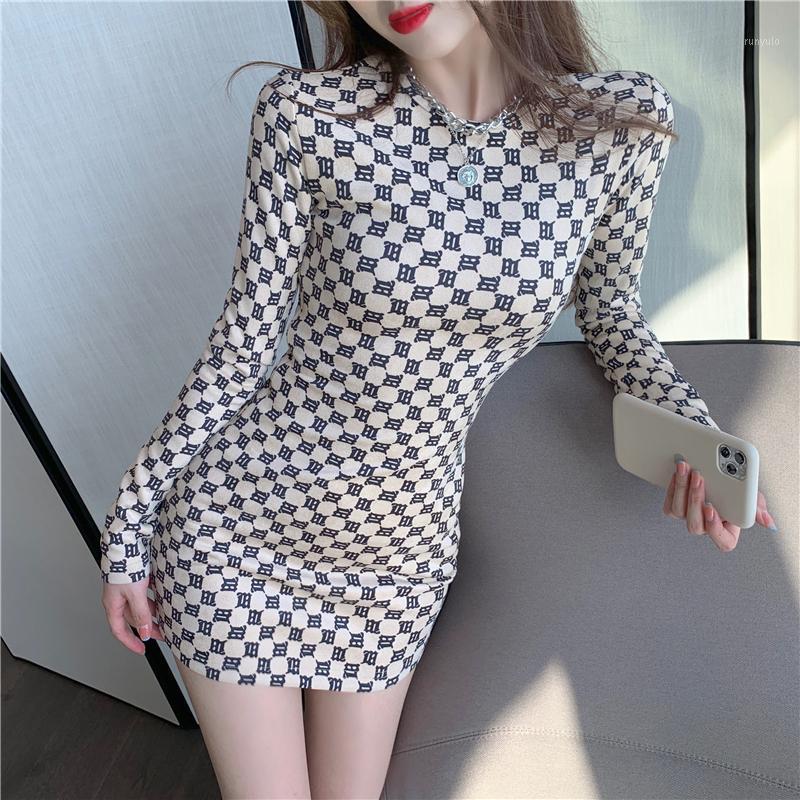 

Casual Dresses Spring Autumn Printing Round Collar Slim Sheath Dress Women Long Sleeve Short Mini, Apricot printing
