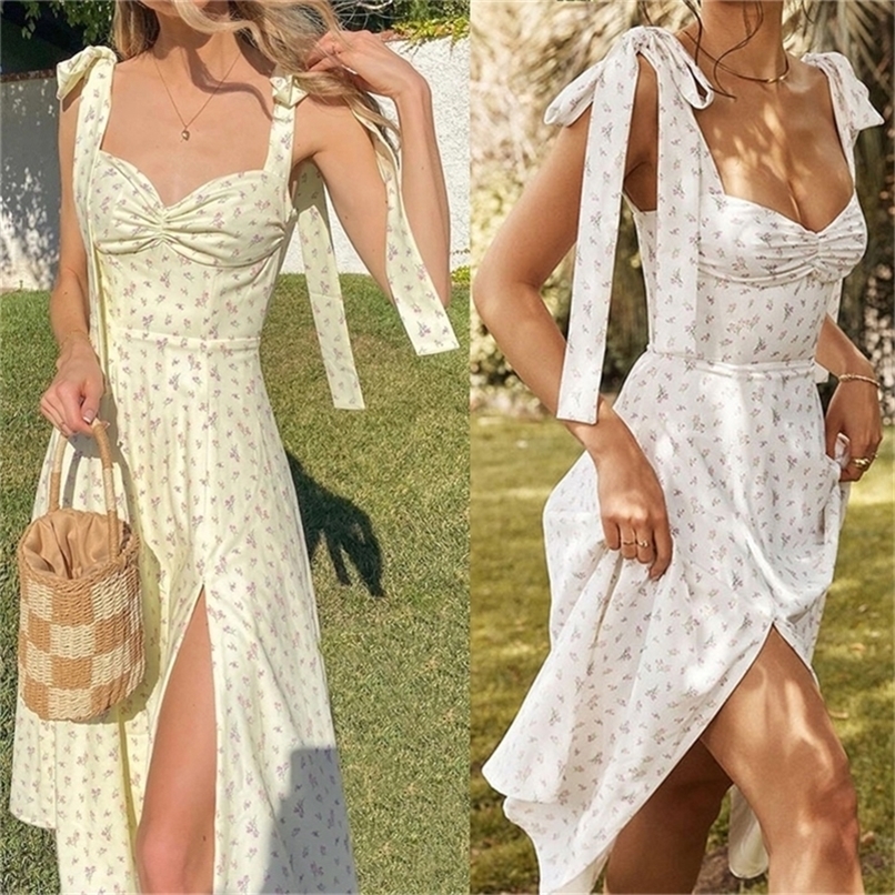 

Summer Spring Floral Dress Women's Sexy Casual Fashion Sundress Midi Slip Backless Pleated Slit White Yellow Lace-up Flowers 220406