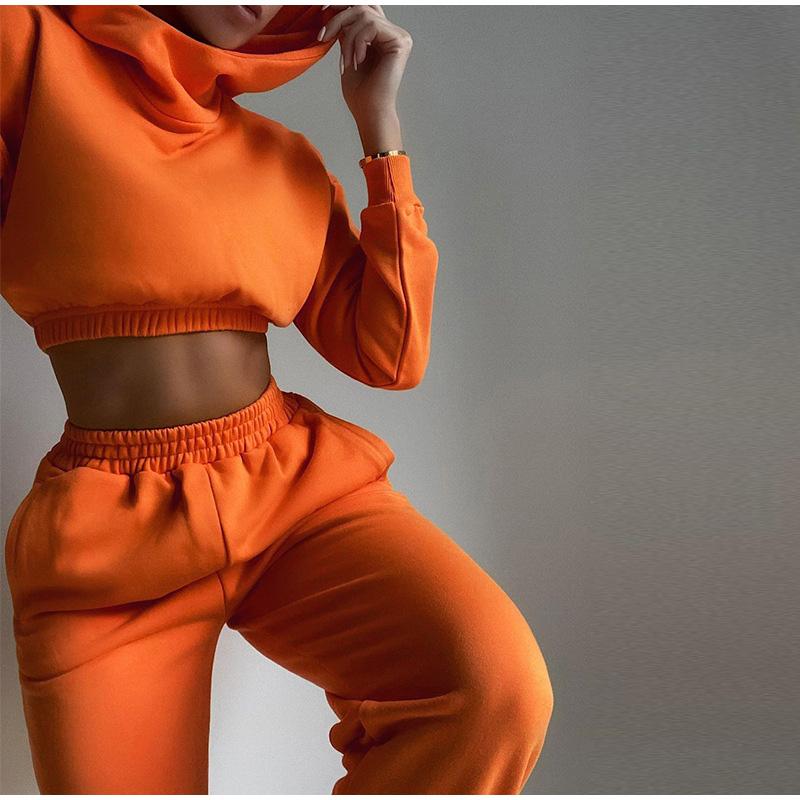 

Women' Two Piece Pants Women Casual Sets O Neck Hoodies Cropped Top And High Waist Sweatpants Suits Fashion Sexy Female Solid Tracksuits, Army green