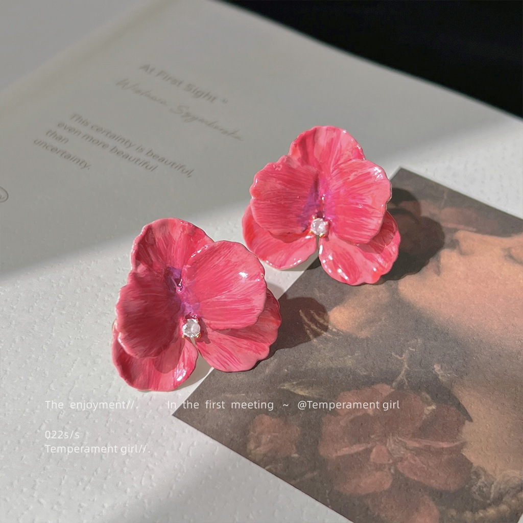 

925 Silver Needle Plated Stud 14K Three-dimensional Petal Earrings Handmade Temperament Red Earrings