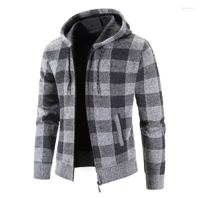

Men's Sweaters Autumn And Winter European American Velvet Thickened Plaid Sweater Men's Fashion Hooded Cardigan Knitted JacketMen's Begu, Brown