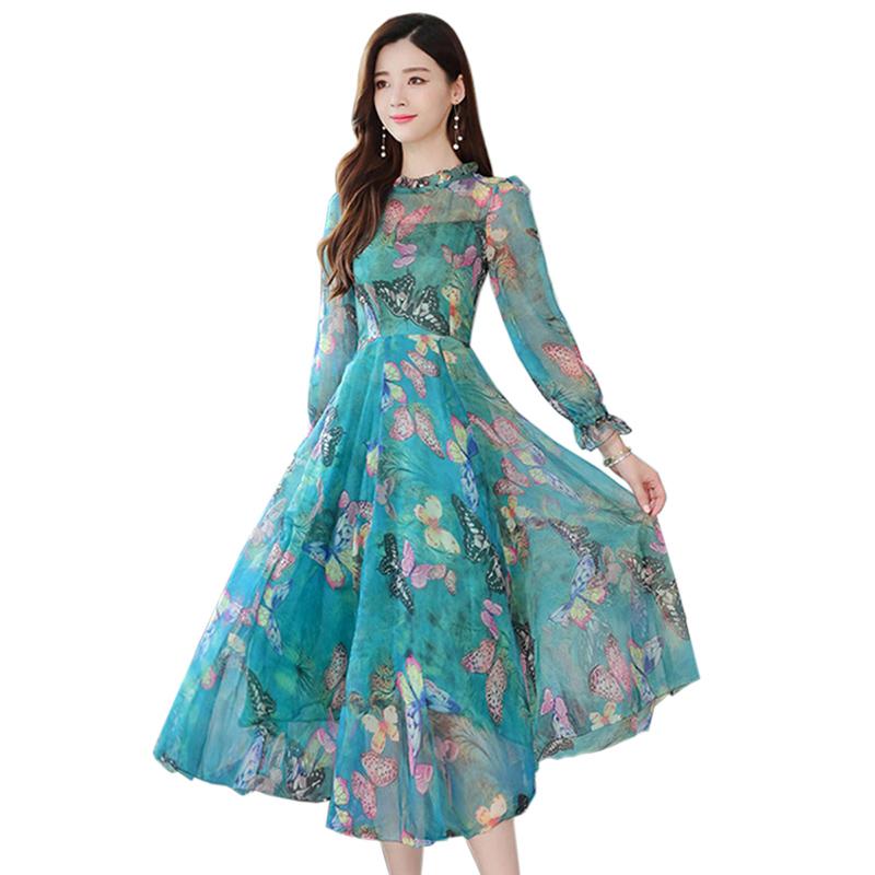 

Casual Dresses Women Print Chiffon Dress 2022 Spring Fashion Female Flare Sleeve Vintage Floral Long