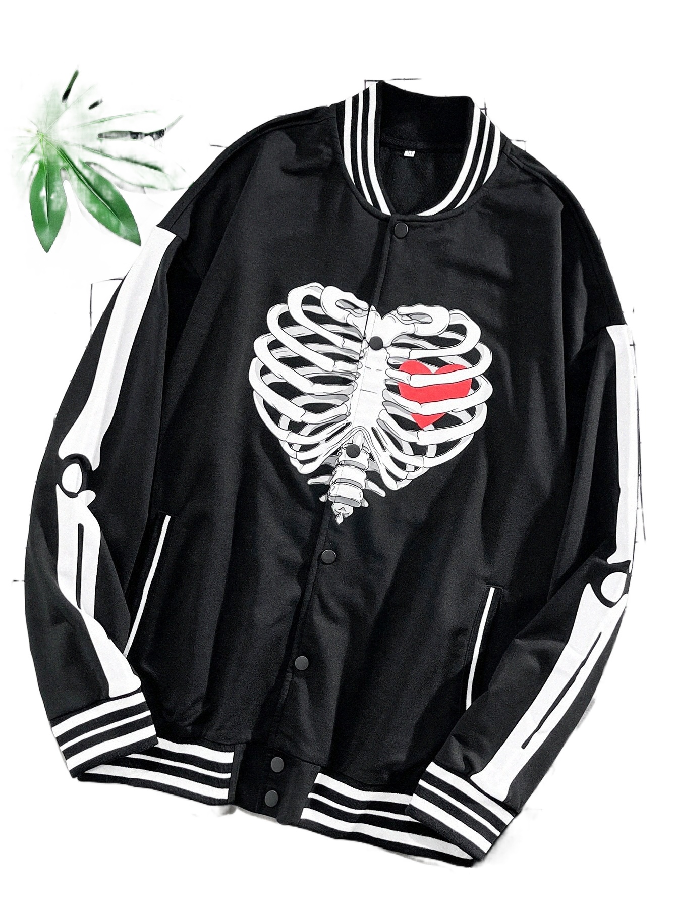 

men Skeleton Print Contrast Striped Trim Jacket u4RK#, Black