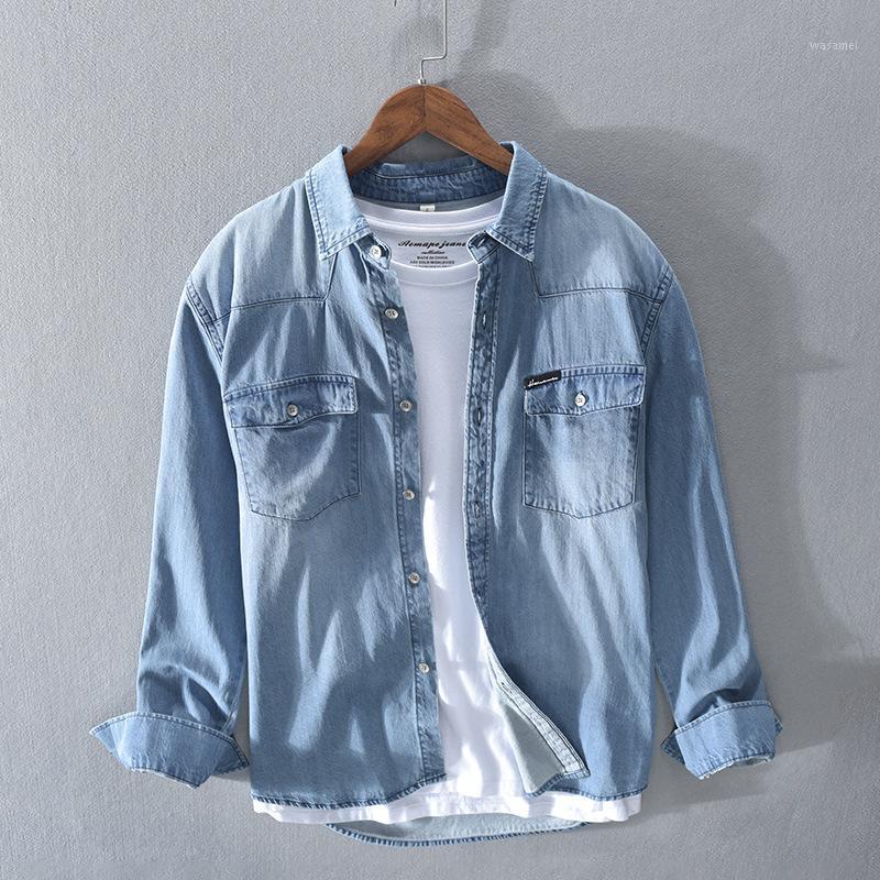 

Men's Casual Shirts Japanese Style Fashion Men High Quality Retro Blue Cotton Long Sleeve Denim Shirt Vintage Designer Camisas Hombre