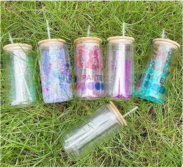 

16oz Double Wall Sublimation Glass Can Snow Globe glass Tumbler Beer Glass Frosted Drinking Glasses With Bamboo Lid And Reusable Straw custom gift Express, Sample(not order)