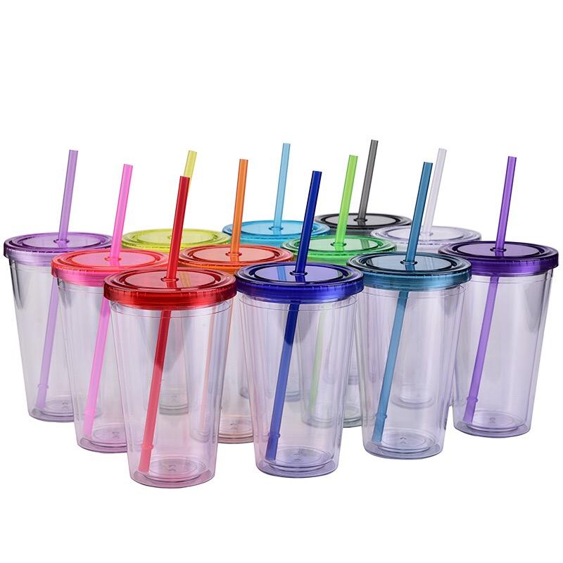 

Mugs Acrylic Transparent Double Wall Tumblers Insulated Plastic Cup Cold Beverage Drinking Mug Reusable With StrawsMugs