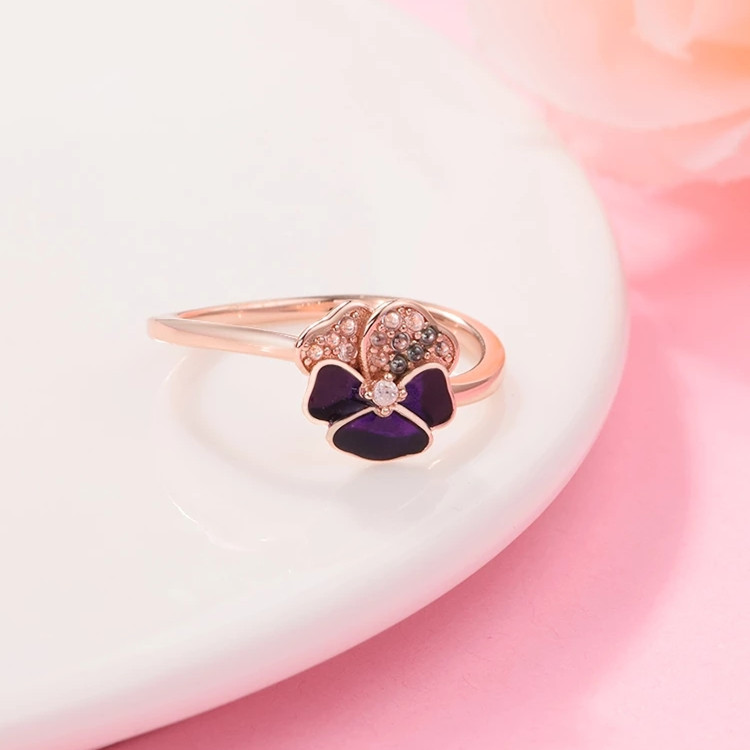 

Fashion Female Ring Deep Purple Pansy Flower Clear Stone 925 Sterling Silver Jewelry Rings For Woman Fit Pandora Jewelry Gift 180764C01