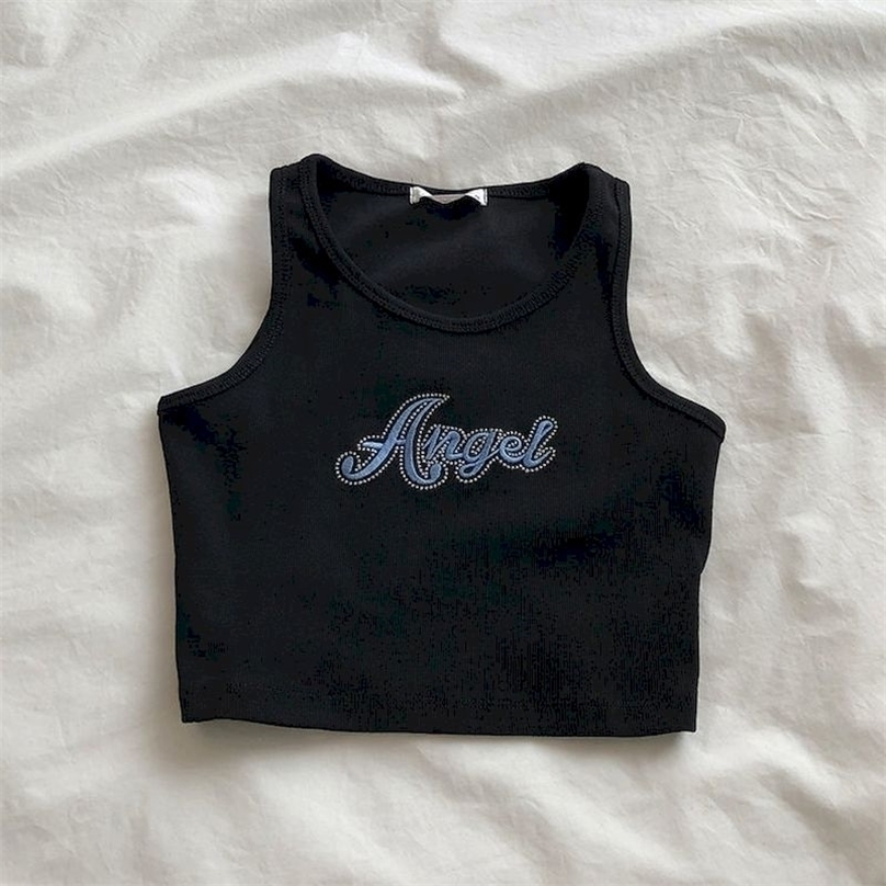 

Tank top women embroidered high waist outerwear kawaii summer camisole Slim inner wear short sleeveless female cropped 220318, White