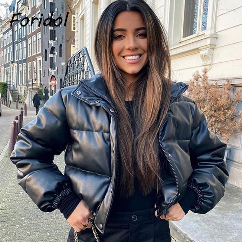 

Women's Down & Parkas Foridol Turtleneck PU Leather Autumn Winter Thick Puffer Coat Vintage Zipper Black Short Parka 2022 Top Kare22, Beige