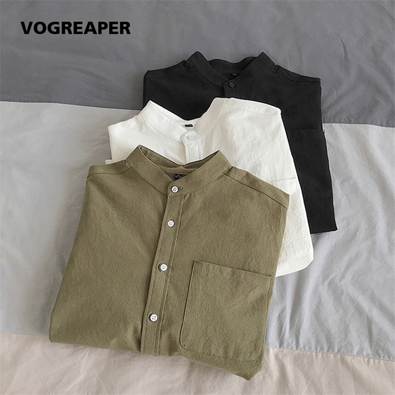 

Simple Design Solid Colors Long Sleeve Shirts Korean Fashion Mandarin Collar 100% Cotton White Black Shirt Soft and Comfort 220322