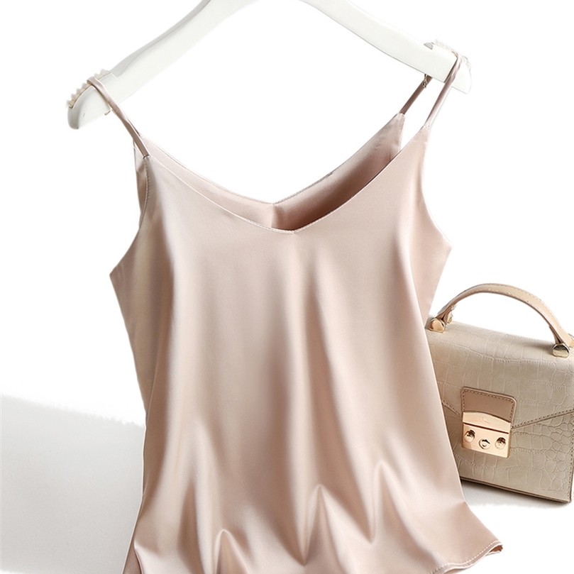 Spaghetti Strap Top Women Halter V Neck Basic White Cami Sleeveless Satin Silk Tank Tops WomenS Summer Camisole 220607