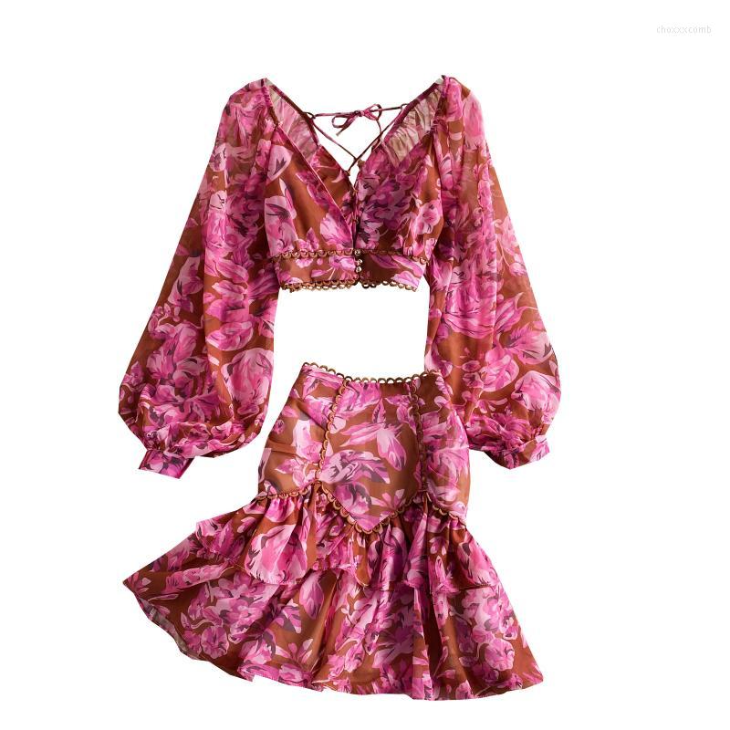 

Women's Tracksuits High Waist Deep V-neck Lantern Sleeve Short Chiffon Shirt Vintage Two-piece Female Floral Print Skirt Sets Summer Two, Green